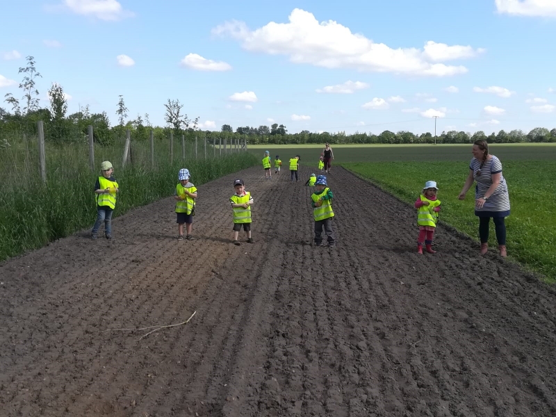 Die Kindergarten-Kinder beim Aussäen einer Blumenwiese